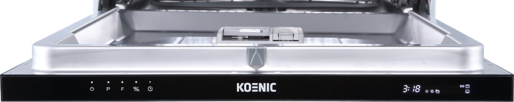 A dishwasher door open, with interior visible, and a Koenic control panel.