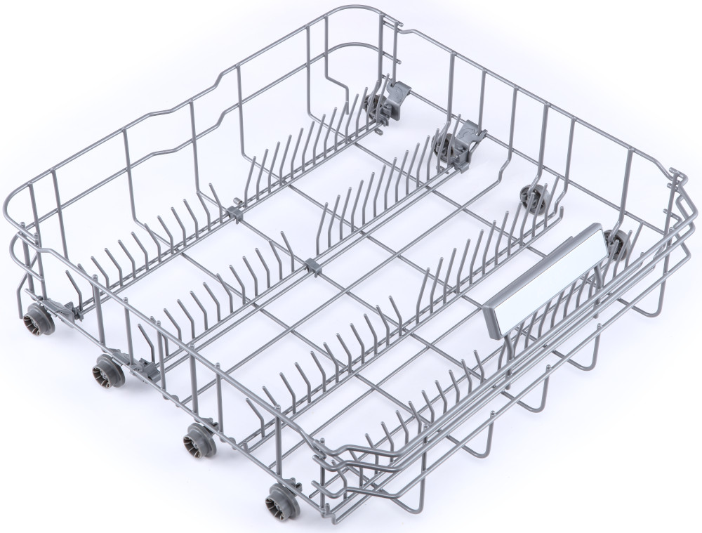 Dishwasher rack, open, with metal grid. White background.  Empty, ready to load dishes.