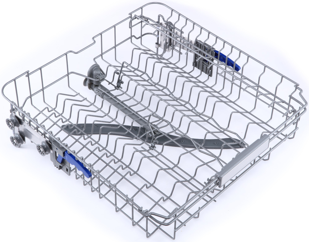 Dishwasher rack with blue accents and wheels. Isolated on white background.