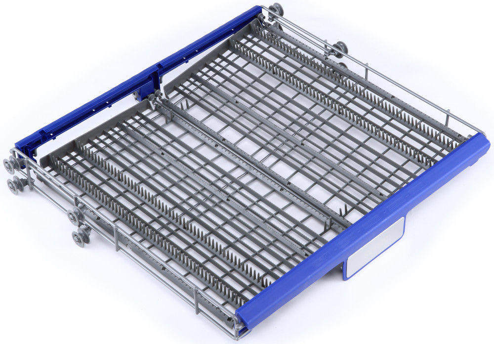 A blue and gray dishwasher rack with wheels, isolated on white.