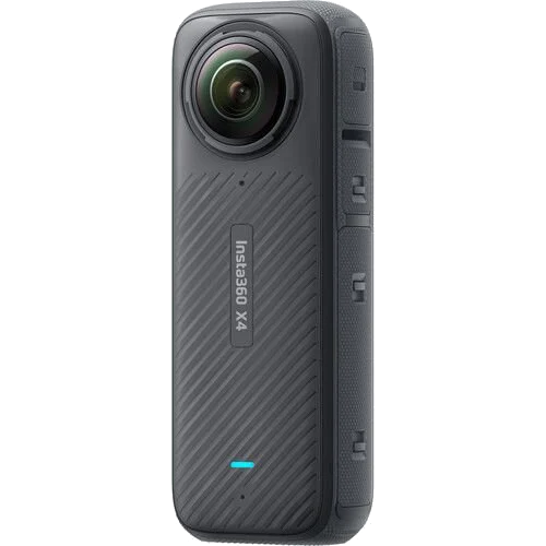 Siyah Insta360 X4 kamera. Üstte lensli silindirik şekil. Kaburgalı doku.