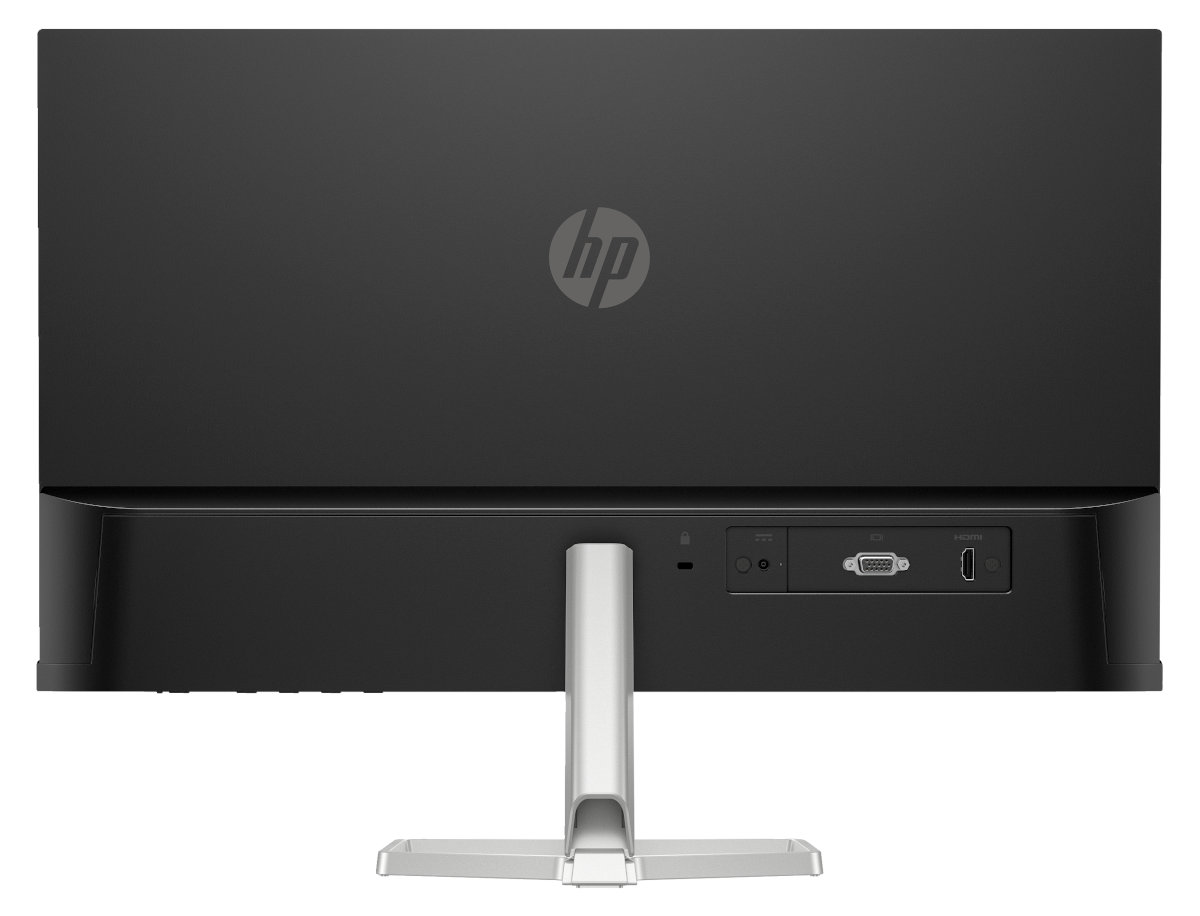 Tył monitora HP z portami i podstawą, czarny korpus i srebrna podstawa.