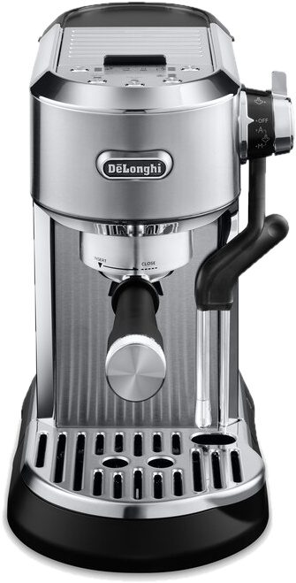 Silver and black De'Longhi espresso machine, with a black handle and silver details.