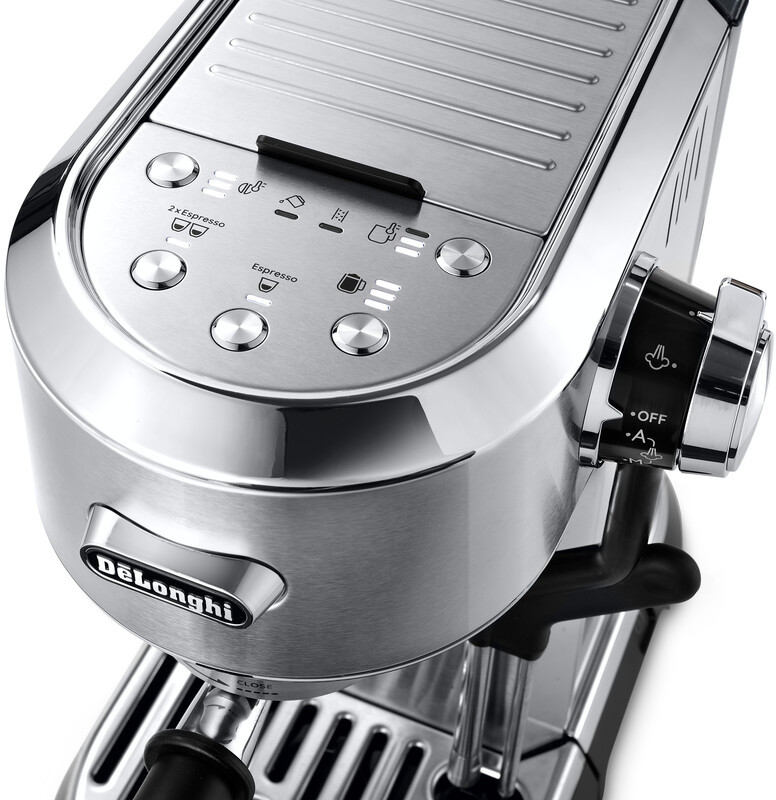 Close-up of a silver De'Longhi espresso machine. Buttons and a dial are visible. White background.