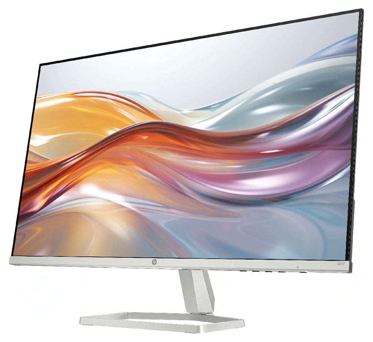 Monitor komputerowy HP z kolorowym wyświetlaczem, srebrną podstawą i czarną ramką.