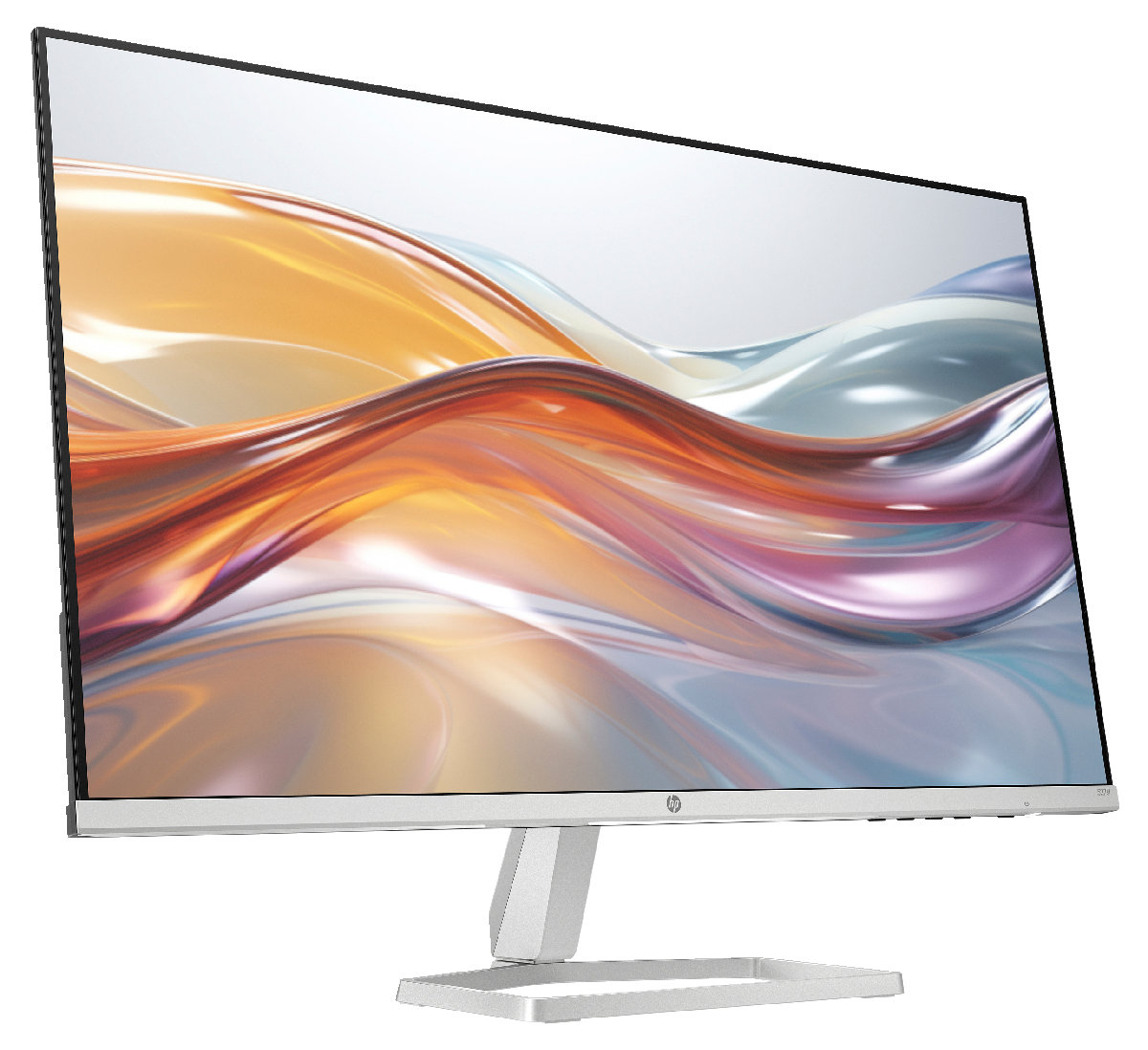 Monitor komputerowy ze srebrną podstawą, wyświetlający abstrakcyjny obraz.