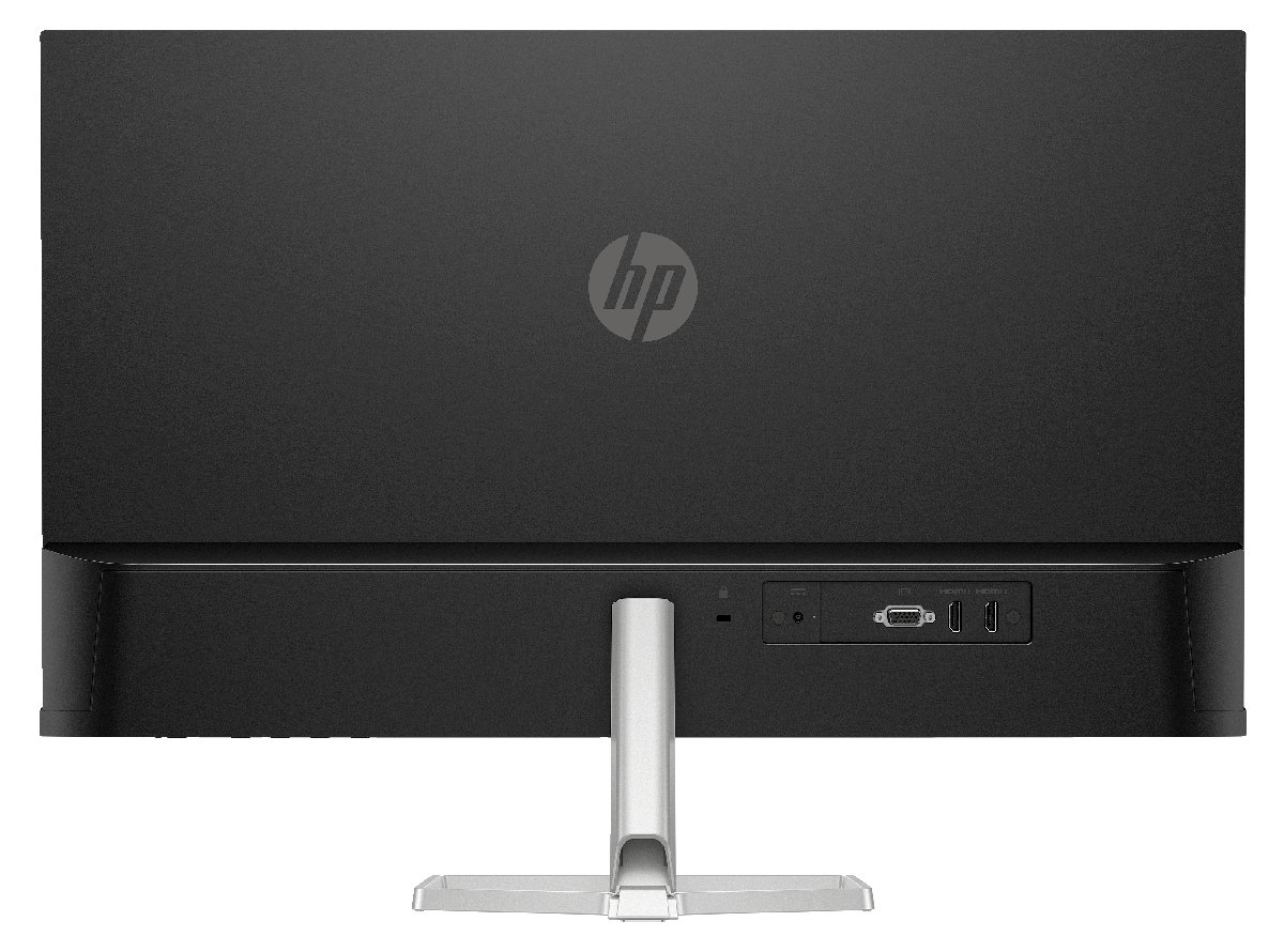 Tył czarnego monitora komputerowego z logo HP i portami połączeniowymi. Tło jest białe.