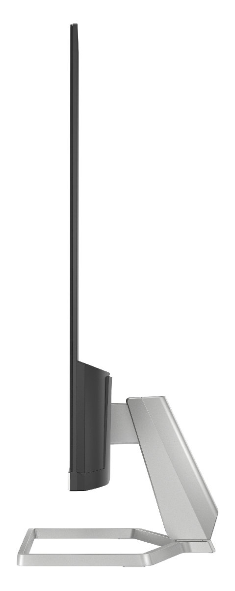 Profil boczny monitora z wąską czarną ramką i srebrną podstawą.