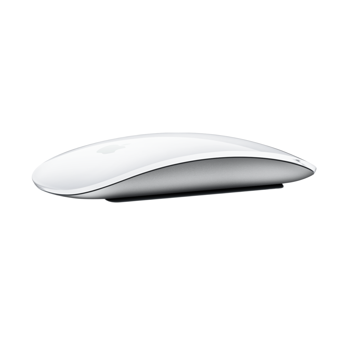 Een witte Apple Magic Mouse op een zwarte achtergrond, zijaanzicht.