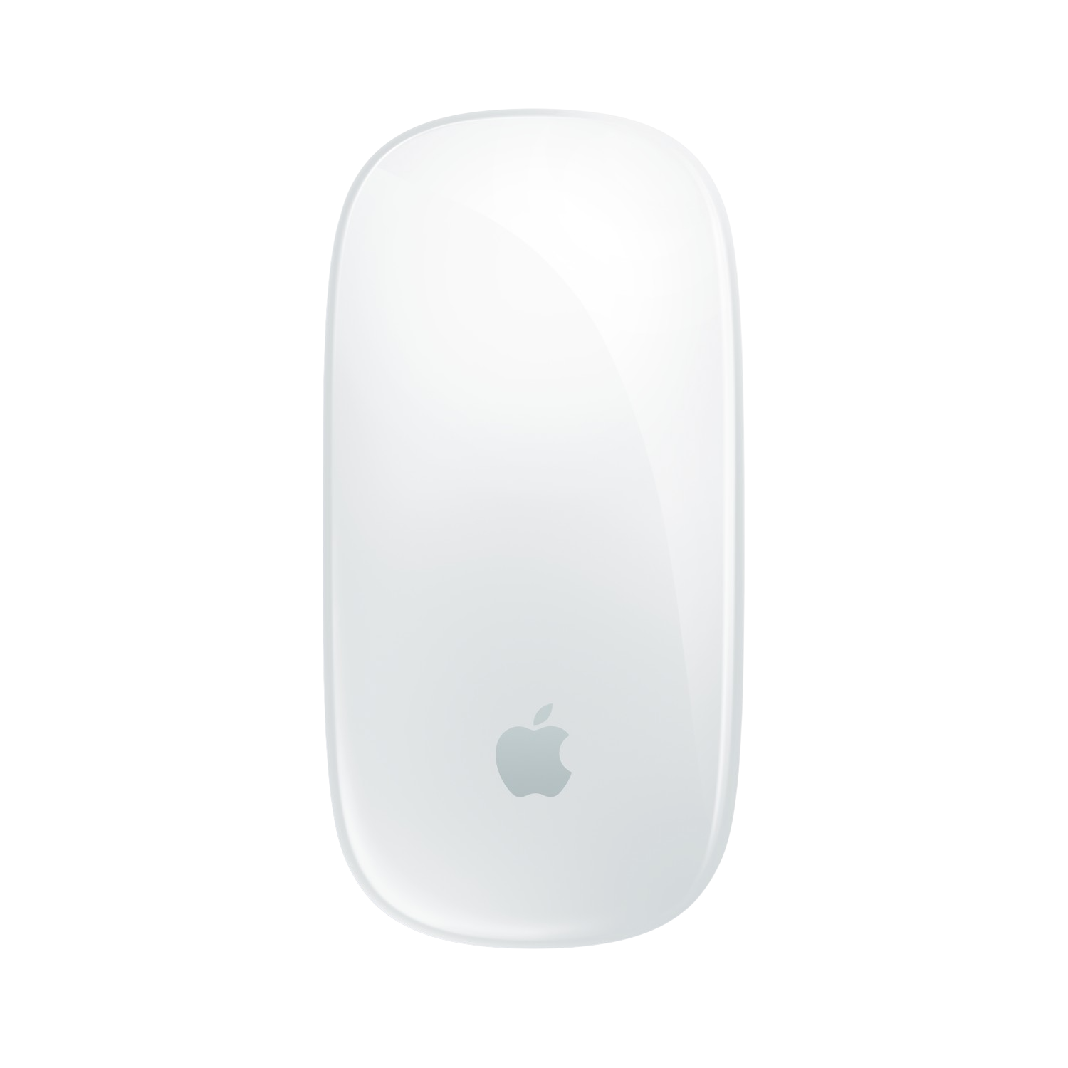 Een witte Apple muis. Het Apple logo is zichtbaar aan de onderkant.