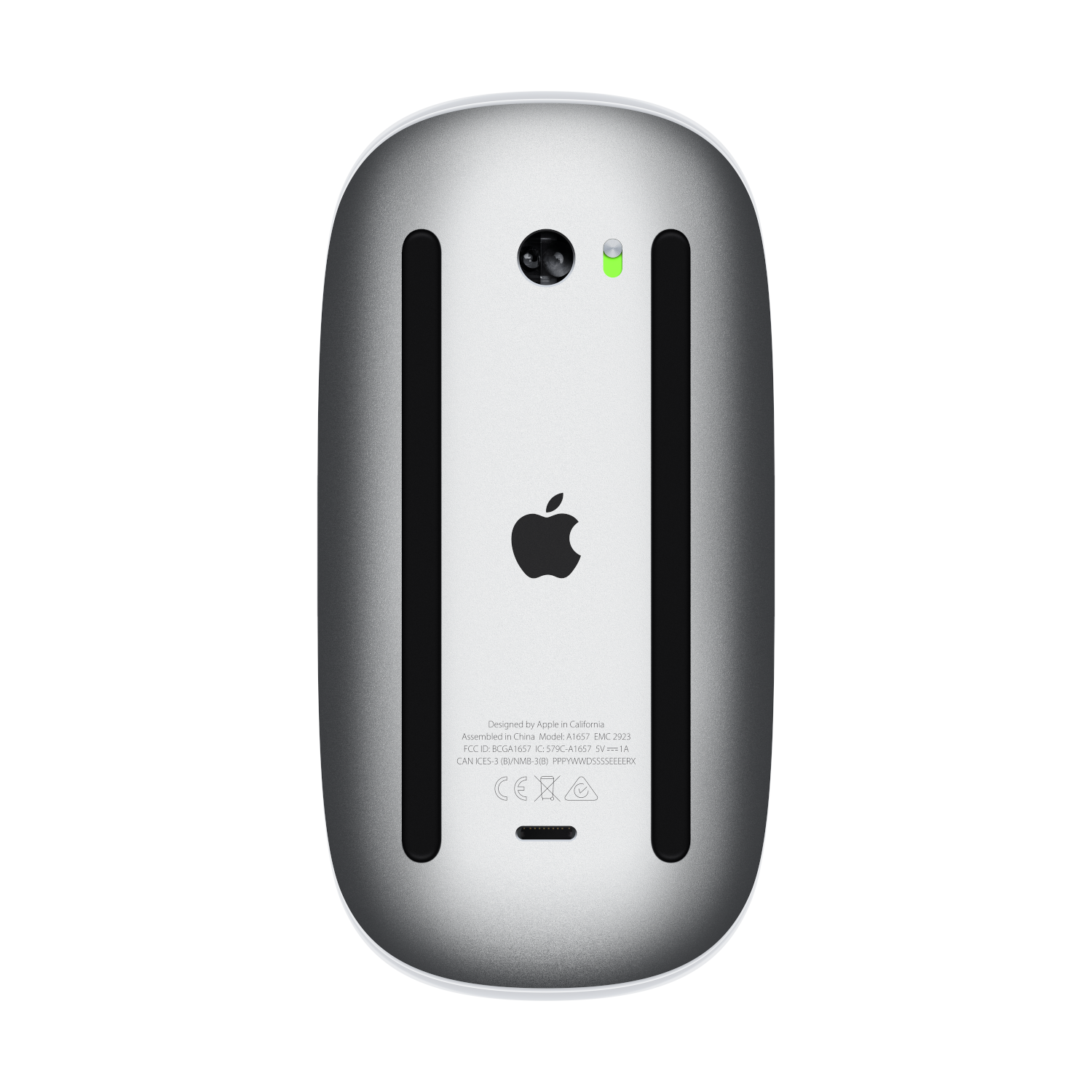 Onderkant van een zilveren Apple-muis met zwarte accenten en logo.