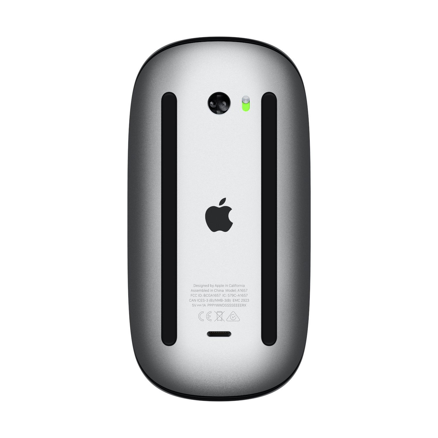 Bottom view of a silver Apple mouse with black accents and logo.