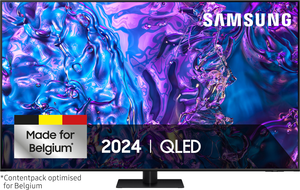 Een grote Samsung QLED TV met de woorden Samsung en 2024 en de woorden Made for Belgium.