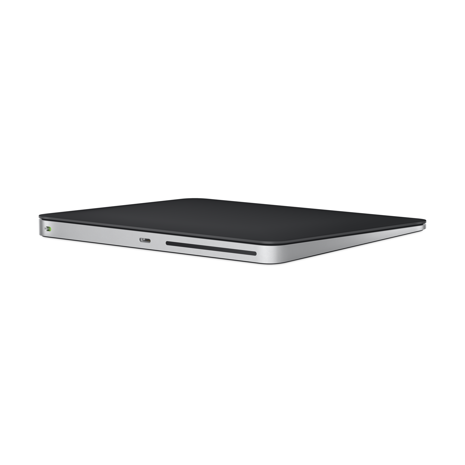 A sleek, black trackpad on a white background.