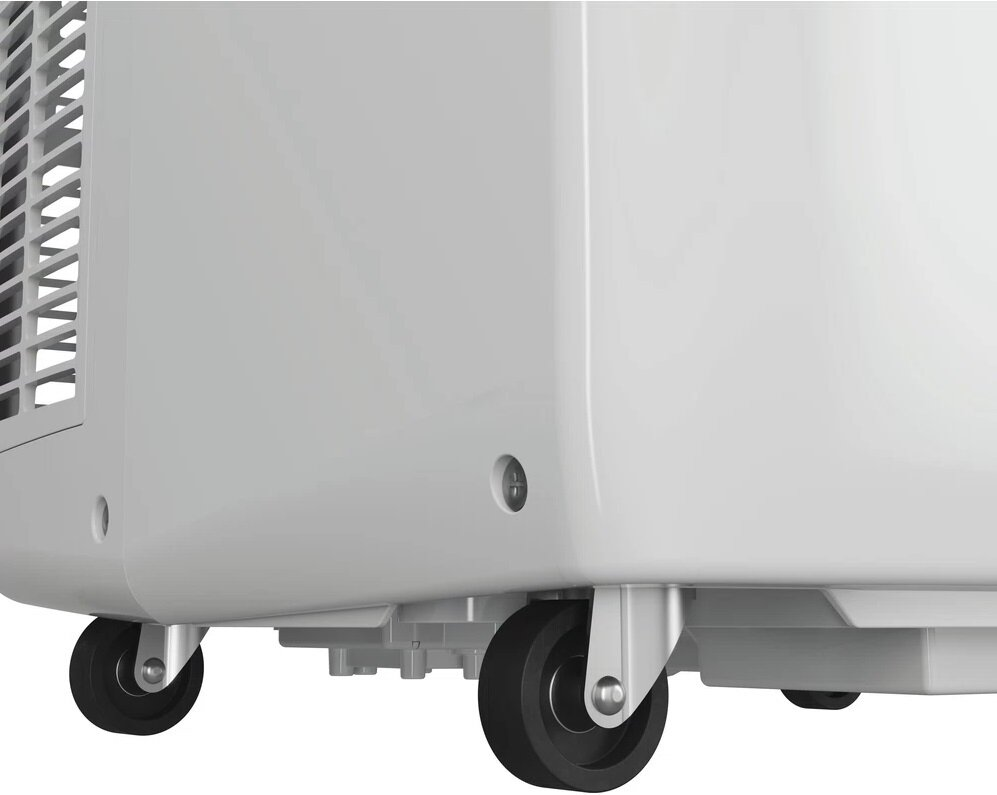 Zbliżenie białego urządzenia z czarnymi kołami. Widok od dołu pokazujący koła i obudowę.