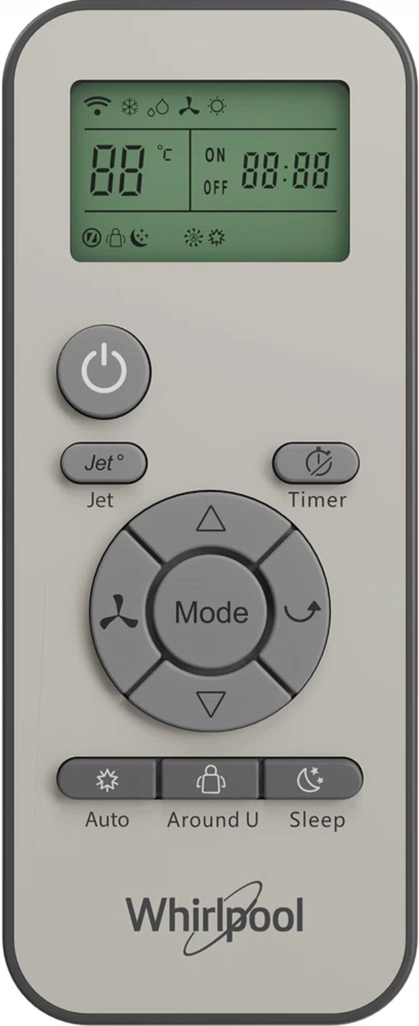 Pilot zdalnego sterowania. Wyświetla ikony i przyciski dla zasilania, trybu, timera i ustawień temperatury.