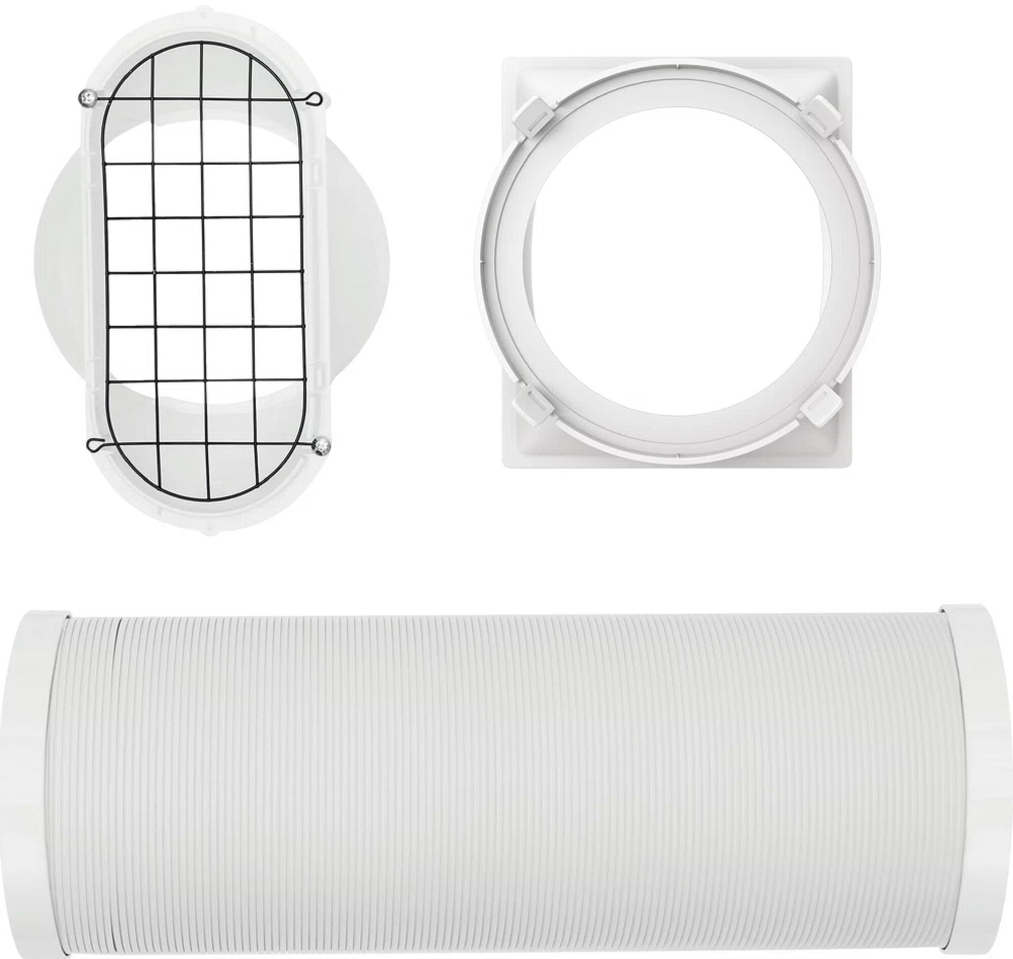 Białe elementy wentylacyjne: kratka, pierścień i elastyczna rura.