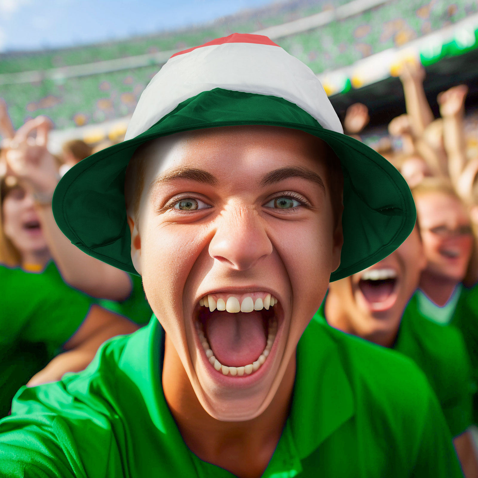 Egy szurkoló egy sporteseményen, magyar kalapot viselve, izgatottan kiabál.