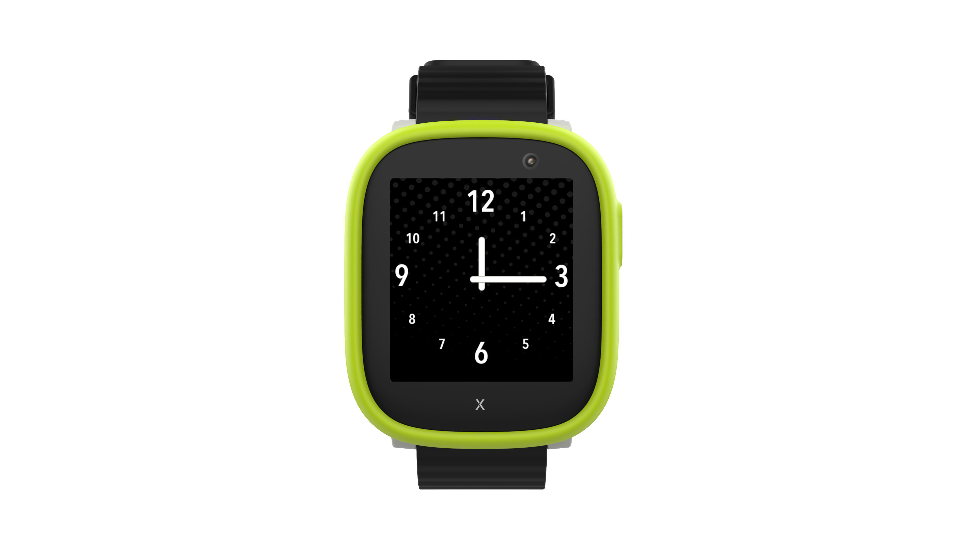 Smartwatch mit grünem Rahmen, schwarzem Armband und digitalem Zifferblatt, weißer Hintergrund.