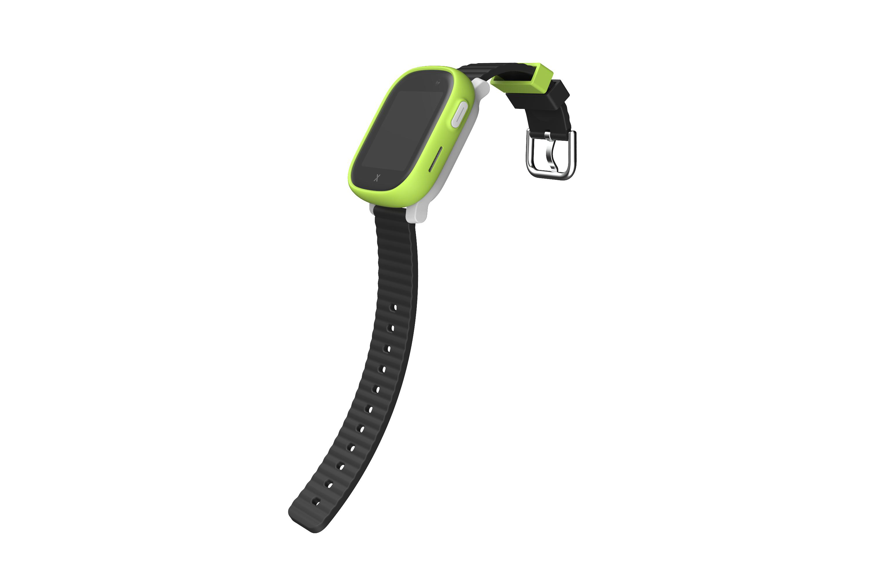 Smartwatch mit grünem Rahmen und schwarzem Armband. Die Uhr befindet sich auf weißem Hintergrund.