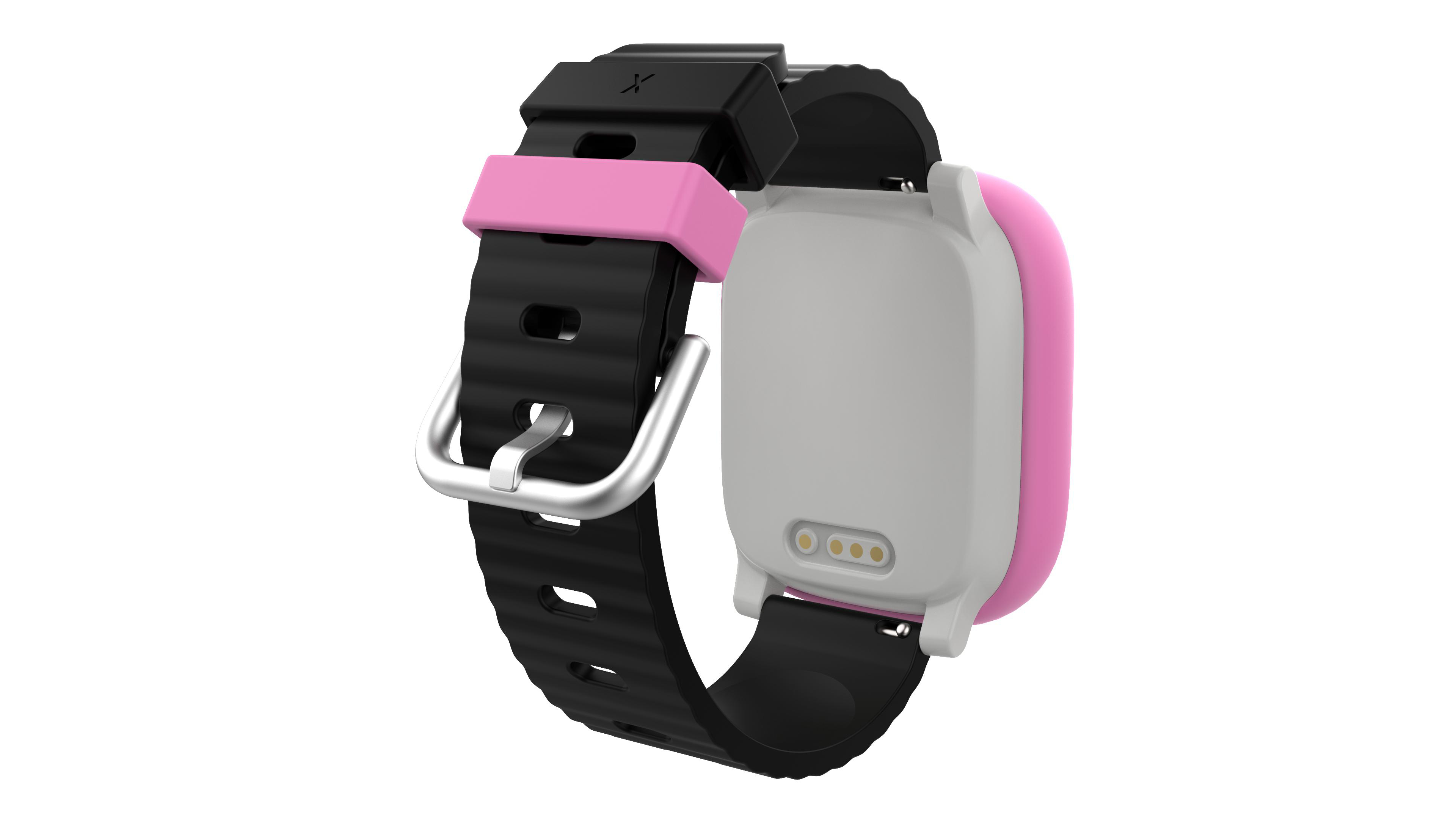 Smartwatch mit rosa und weißem Gehäuse, schwarzem Armband und silberner Schnalle.