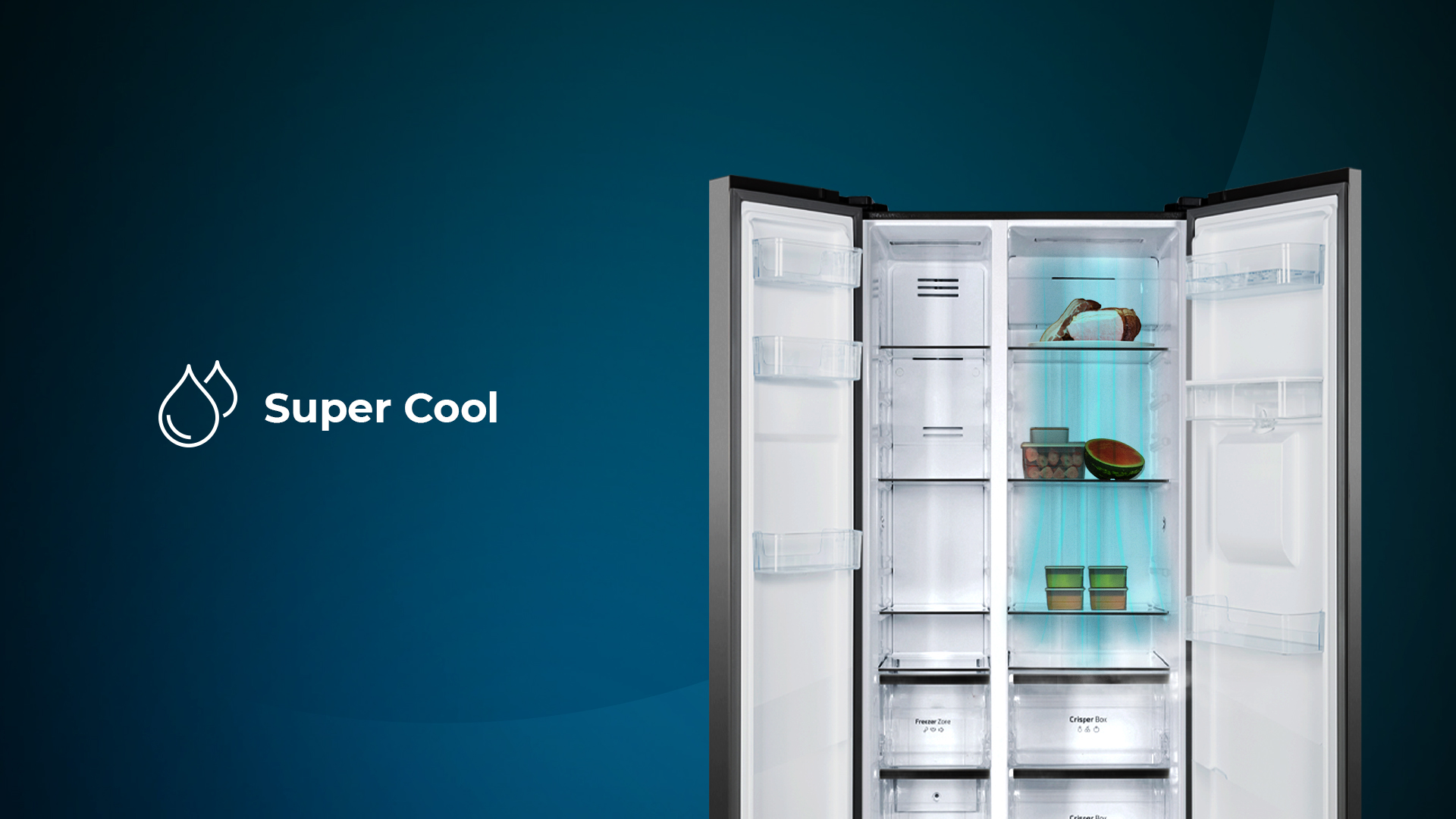 Refrigerador abierto con estantes y comida. Rayos de luz azul en el interior con texto 'Super Cool'.