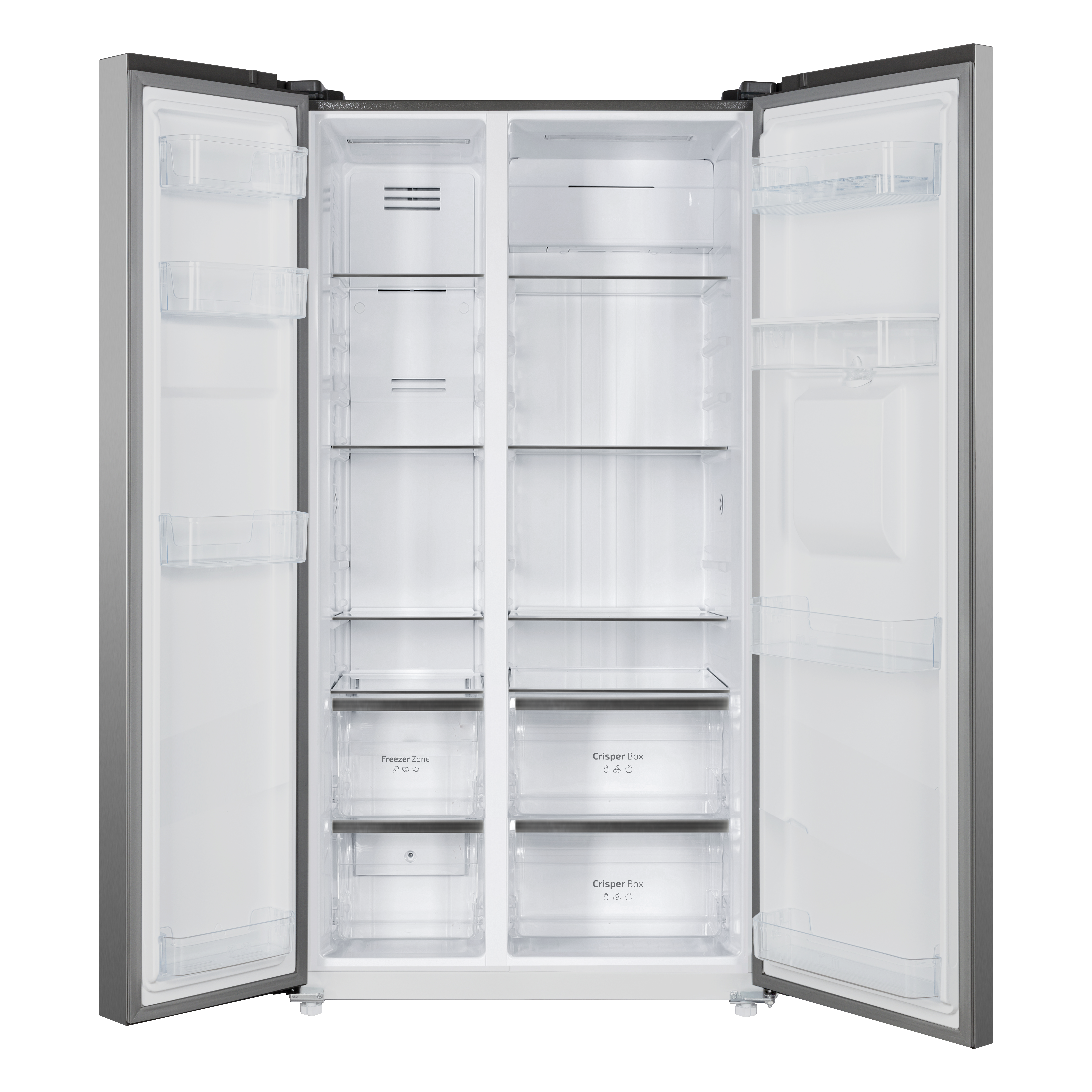 Un refrigerador de acero inoxidable abierto con estantes y cajones de vidrio.