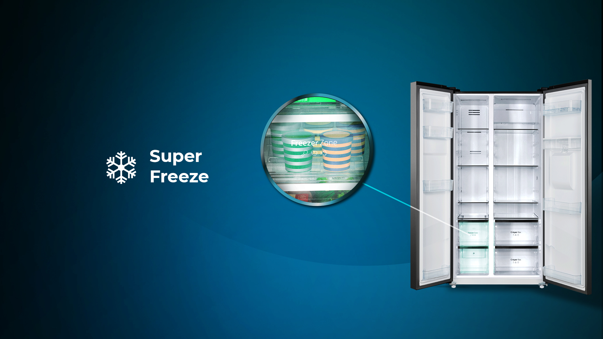 Un refrigerador con puertas abiertas. Se destaca la zona del congelador con alimentos dentro, con logo Super Freeze.