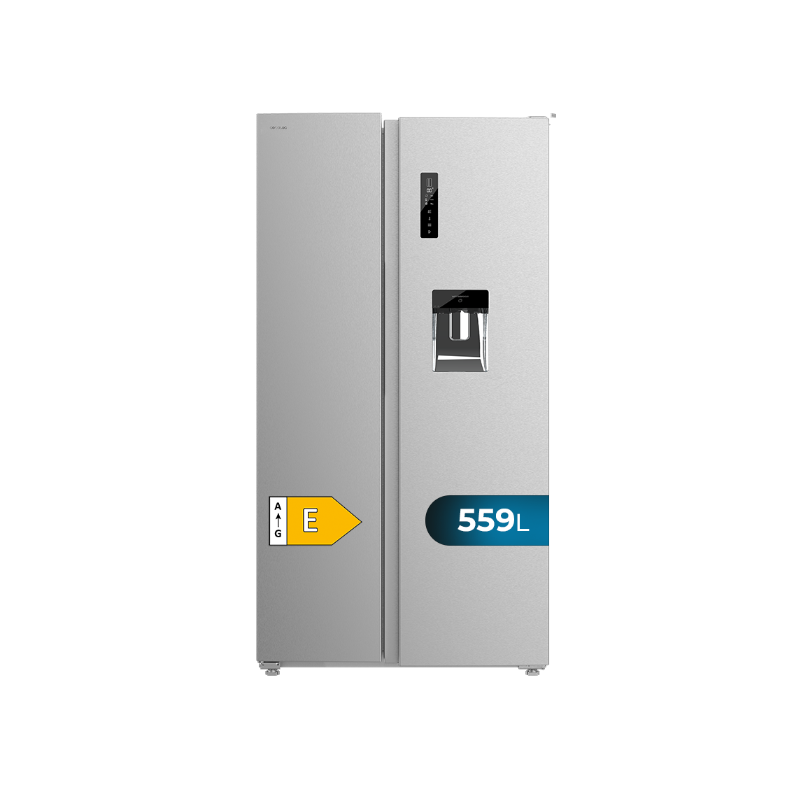 Un refrigerador plateado de doble puerta con dispensador y una etiqueta energética.