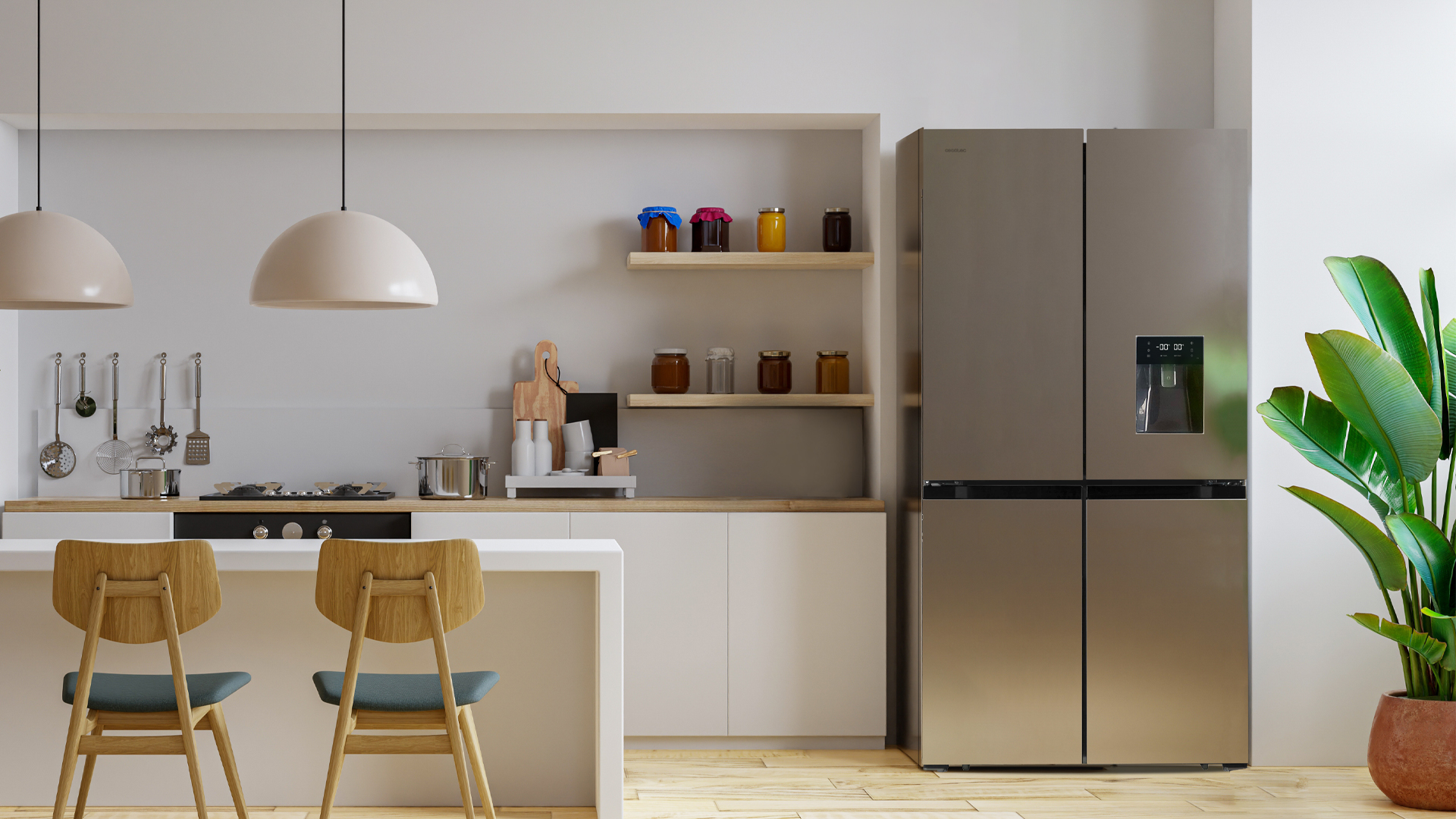 Cocina moderna con isla blanca, nevera, sillas, estanterías. Paredes blancas, detalles de madera y decoración.