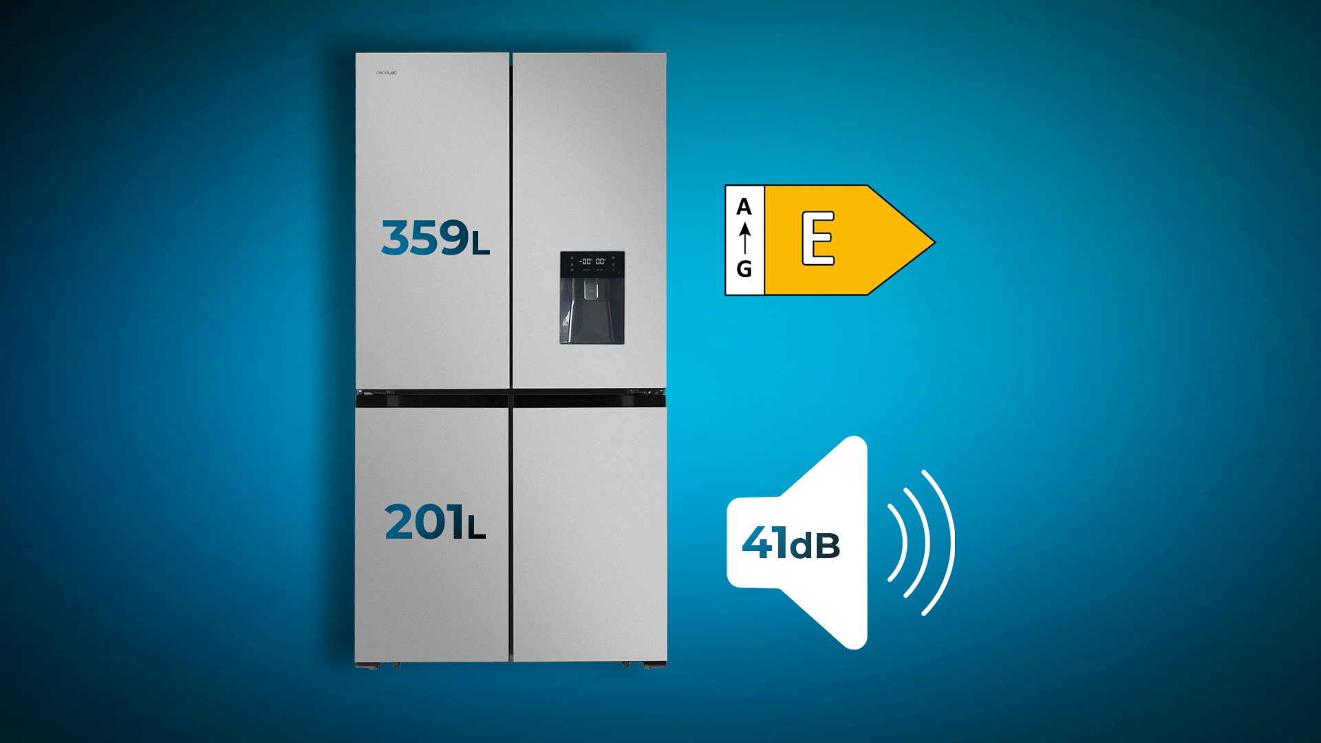 Frigorífico de acero inoxidable con capacidad 359L/201L, etiqueta energética E y 41dB ruido.
