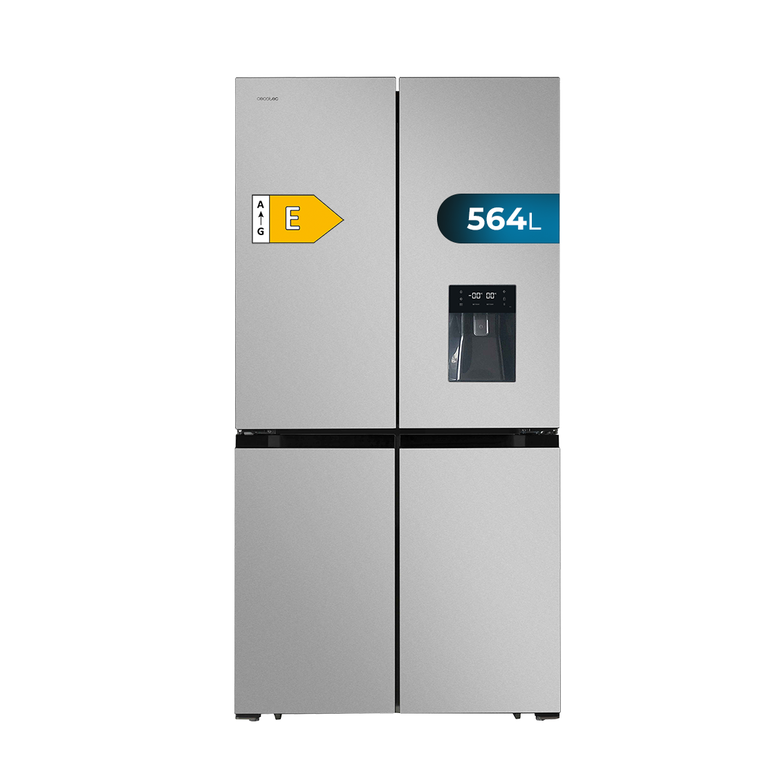 Un frigorífico plateado de cuatro puertas con etiqueta energética.