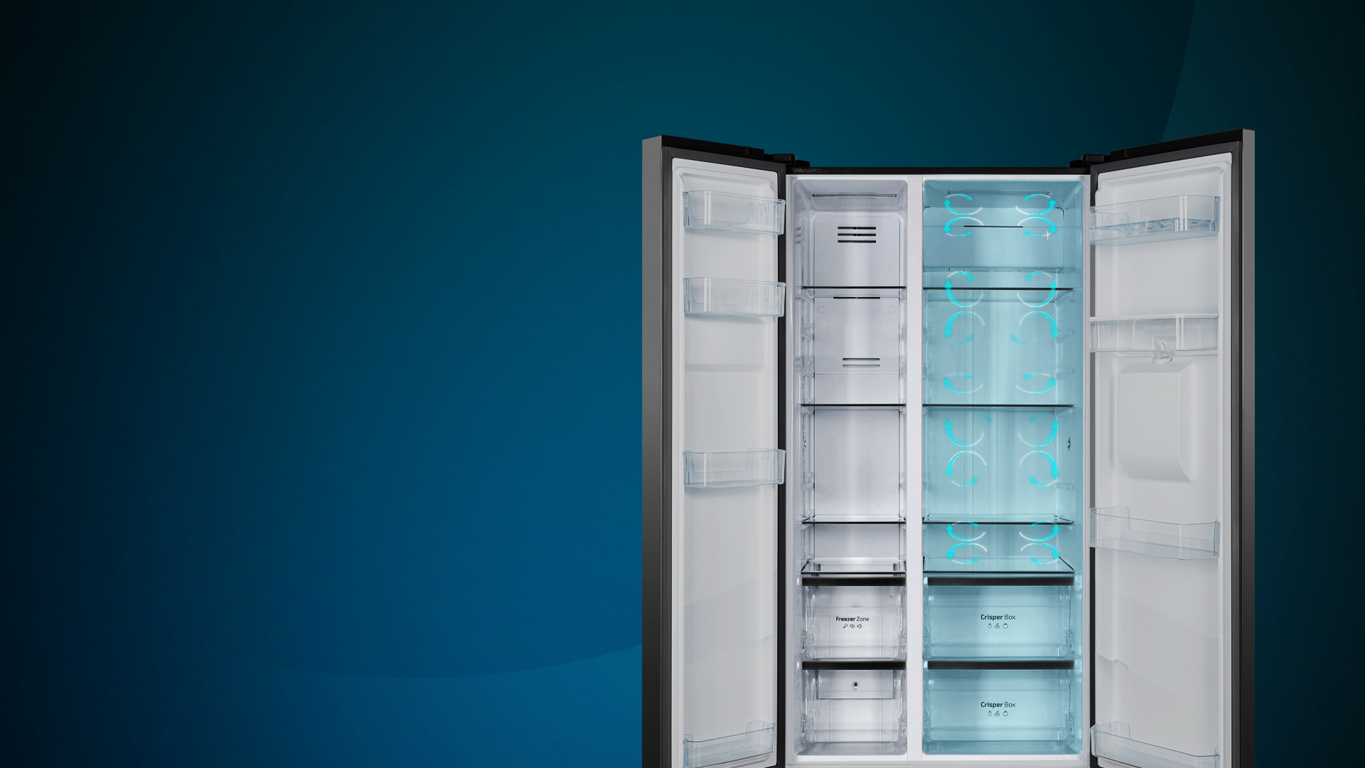 Un refrigerador con las puertas abiertas. Estantes y cajones interiores son visibles con luces azules.