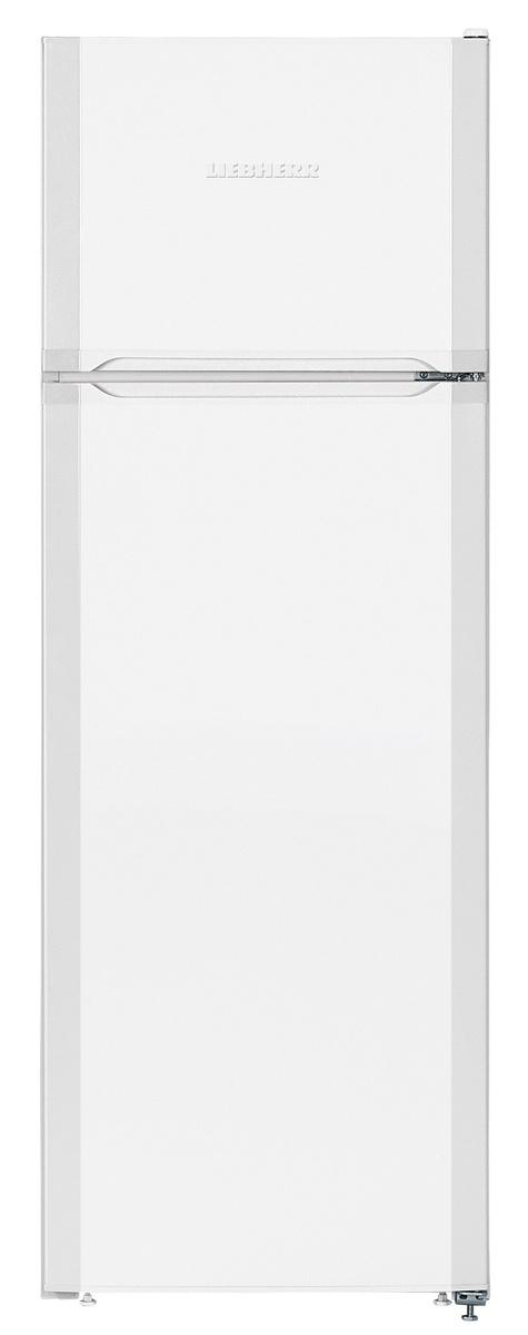 Weißer Kühlschrank mit Gefrierfach oben und Kühlschrank unten. Der Markenname ist Liebherr.