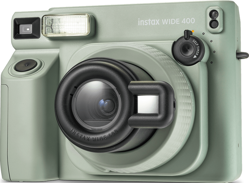 Grüne Instax Wide 400 Kamera mit Objektiv und Blitz.