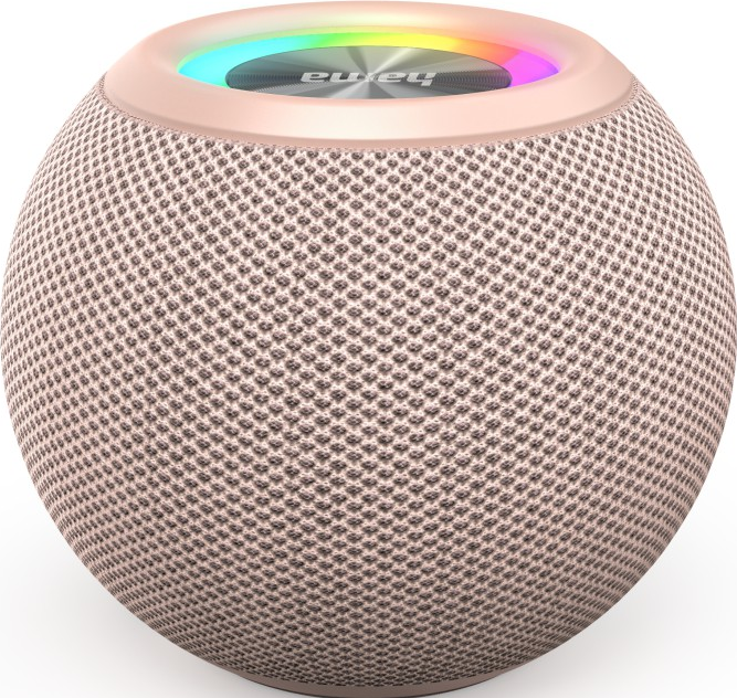 Un haut-parleur rond, or rose, avec une housse en mesh et une lumière multicolore supérieure.