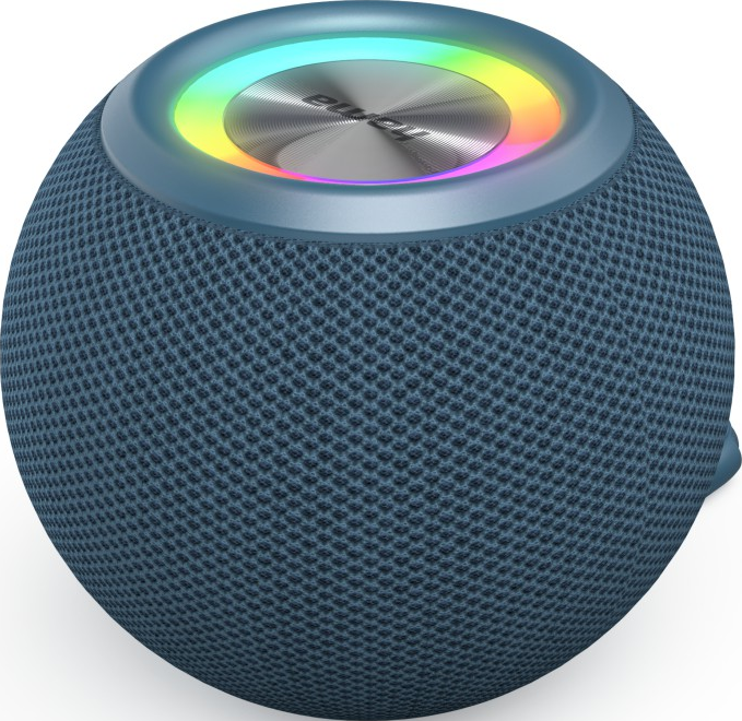 Un haut-parleur sphérique bleu avec une housse en mesh. Le dessus a un anneau LED coloré.