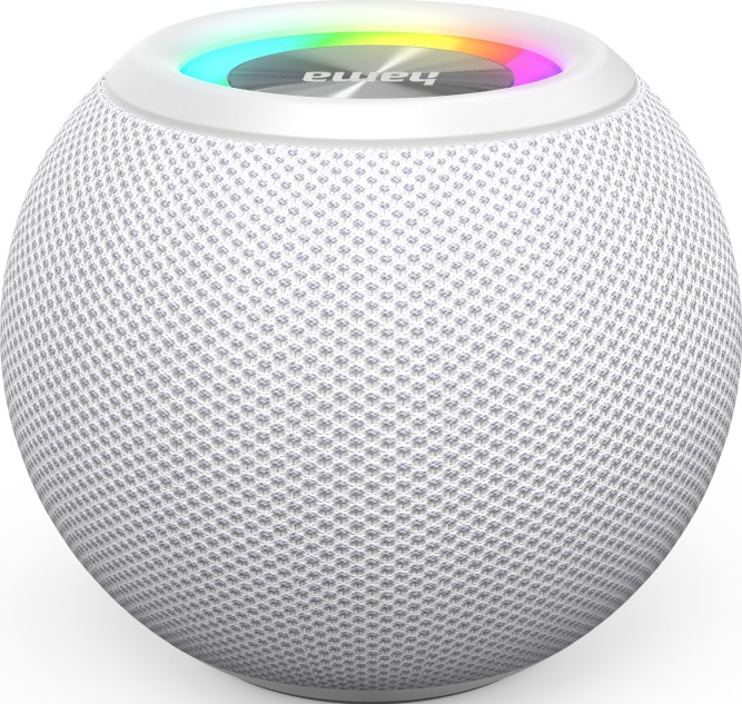 Haut-parleur sphérique blanc avec une texture en forme de mailles. Une lumière multicolore illumine le dessus.