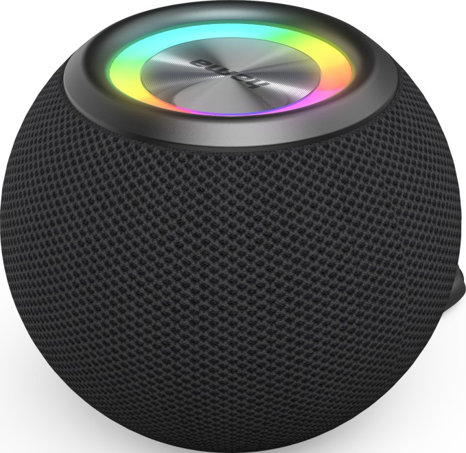 Haut-parleur sphérique noir avec un anneau lumineux multicolore.