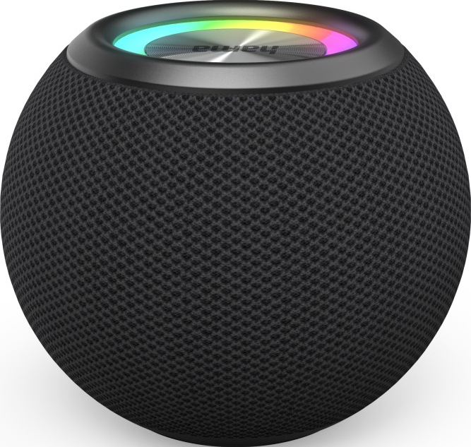Un haut-parleur sphérique noir avec une housse en mesh. Le dessus a un anneau LED coloré.
