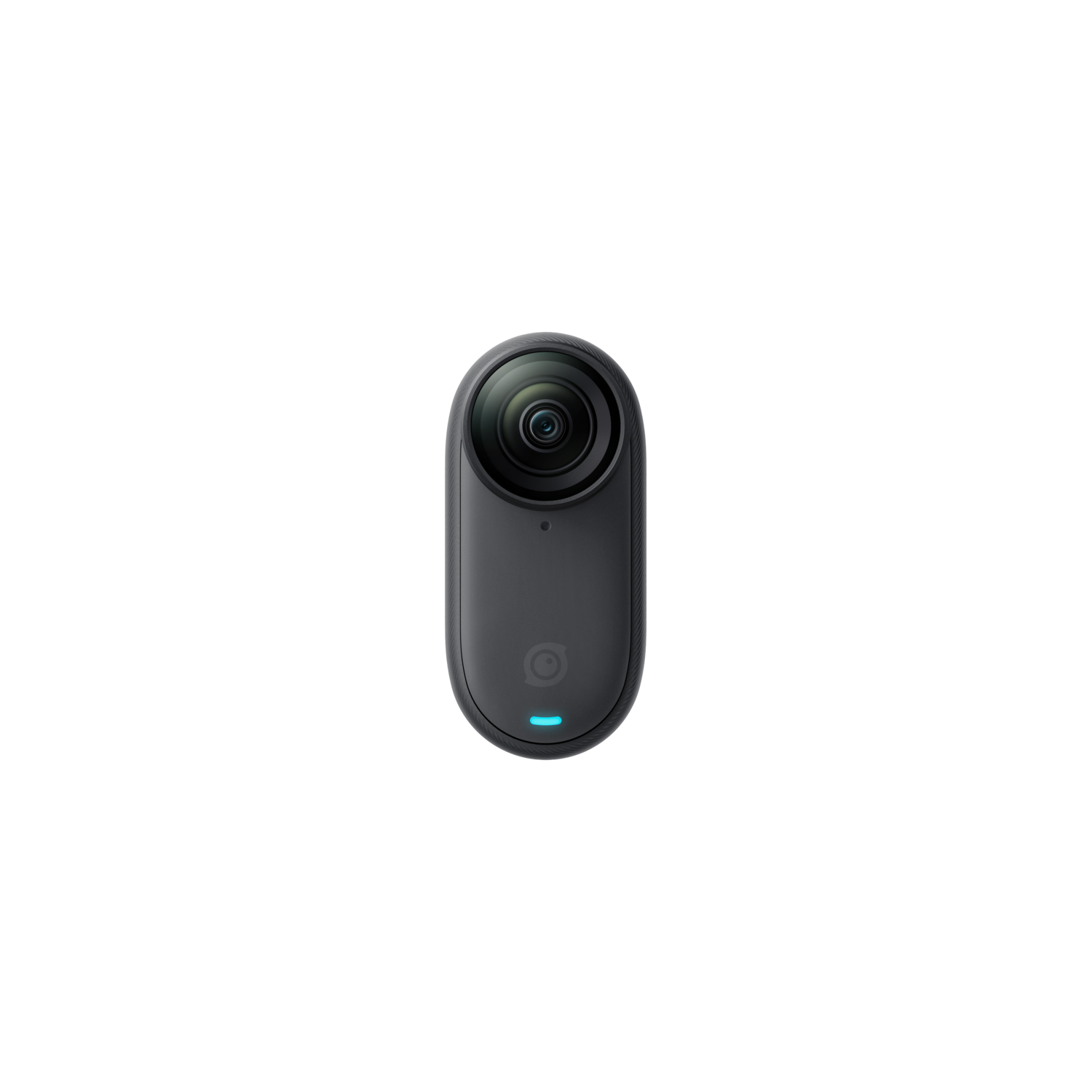 Zwarte actiecamera, cirkelvormige lens en blauw licht onderaan. Zwarte achtergrond.