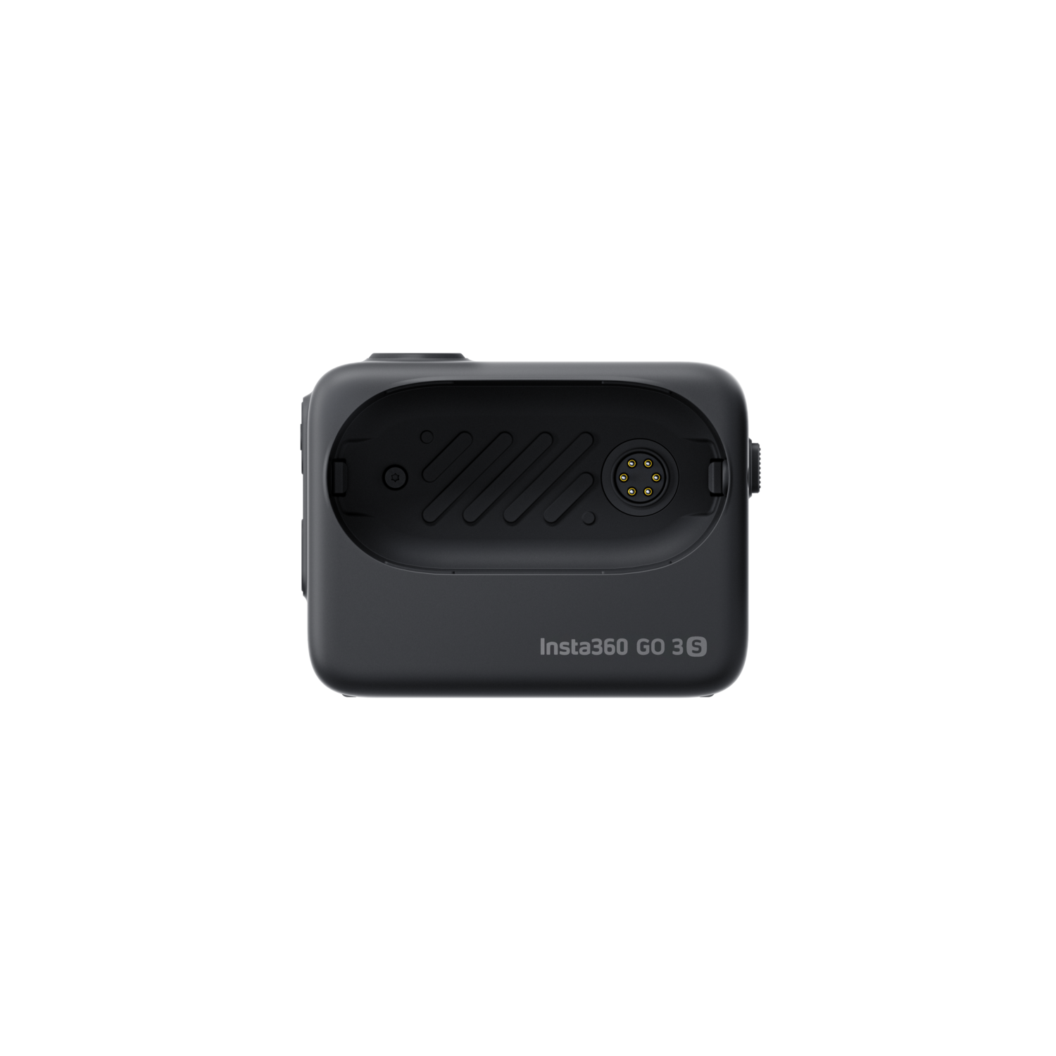 Zwarte Insta360 GO 3S oplaadcase, van bovenaf gezien tegen een zwarte achtergrond.