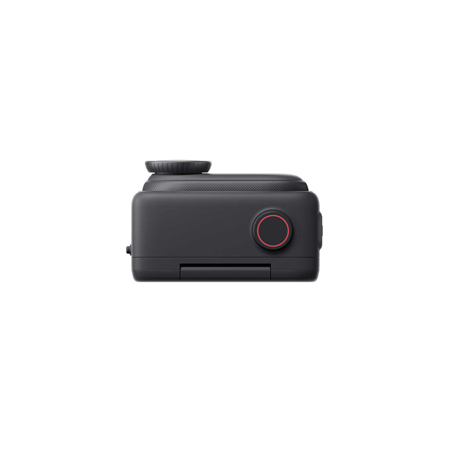 Zwarte camera met rode knop en zwarte bovenkant, zijaanzicht.