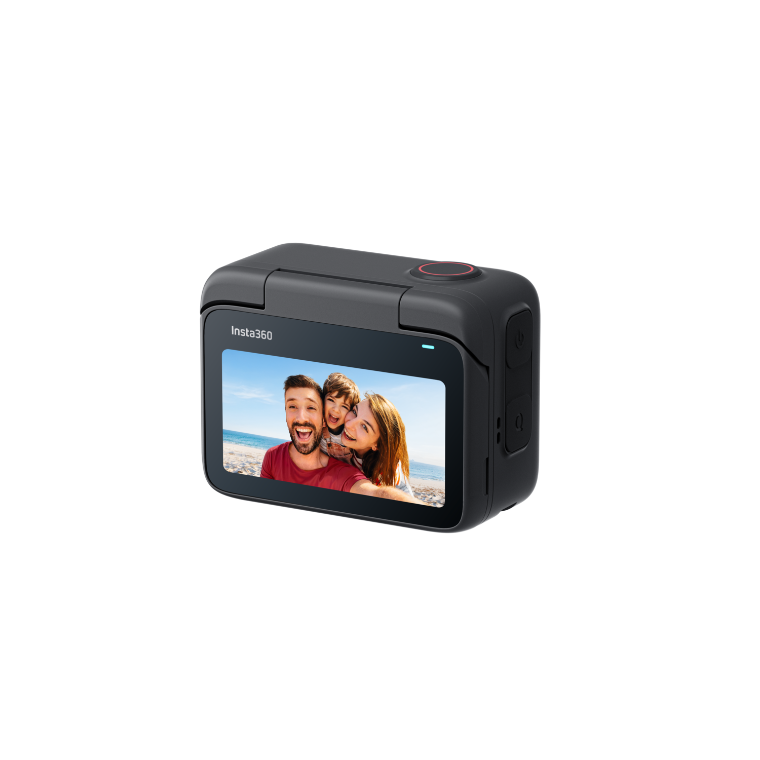 Een zwarte Insta360-camera met een scherm waarop een gezin staat.