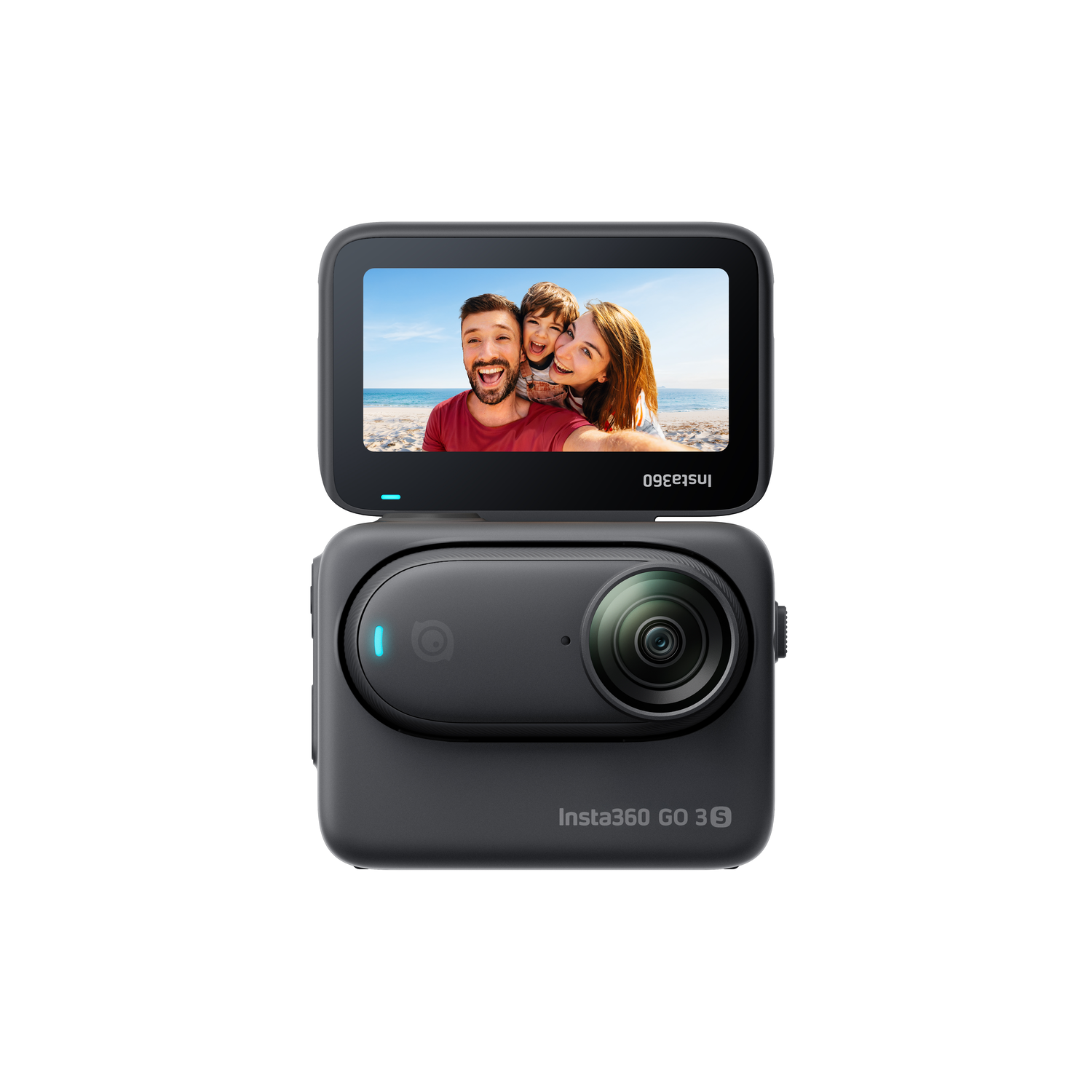 Zwarte action cam met uitklapscherm met een familiefoto. De camera staat op een witte achtergrond.