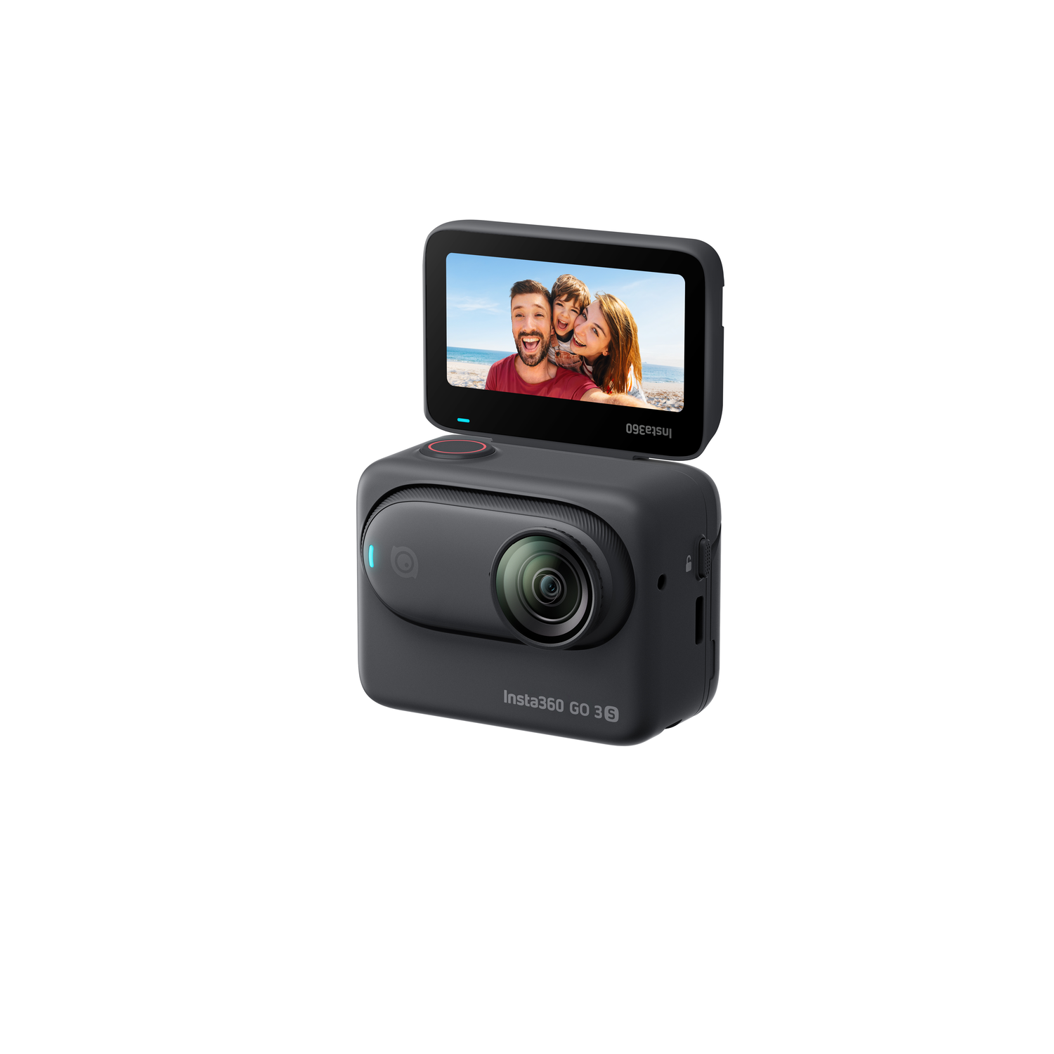 Zwarte action camera met scherm waarop een gezin te zien is, en lens.