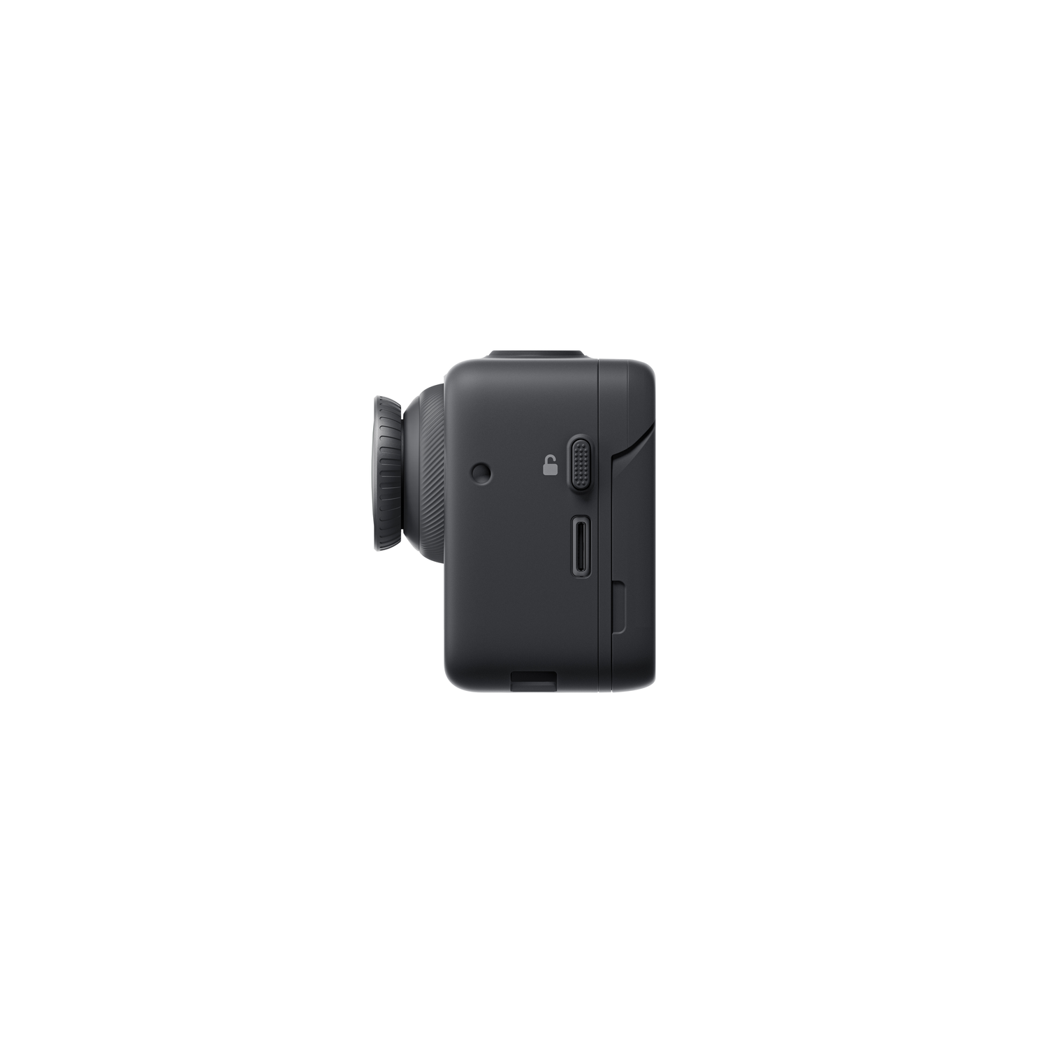 Zwarte camera, zijaanzicht, met lens, knoppen en een slot symbool.