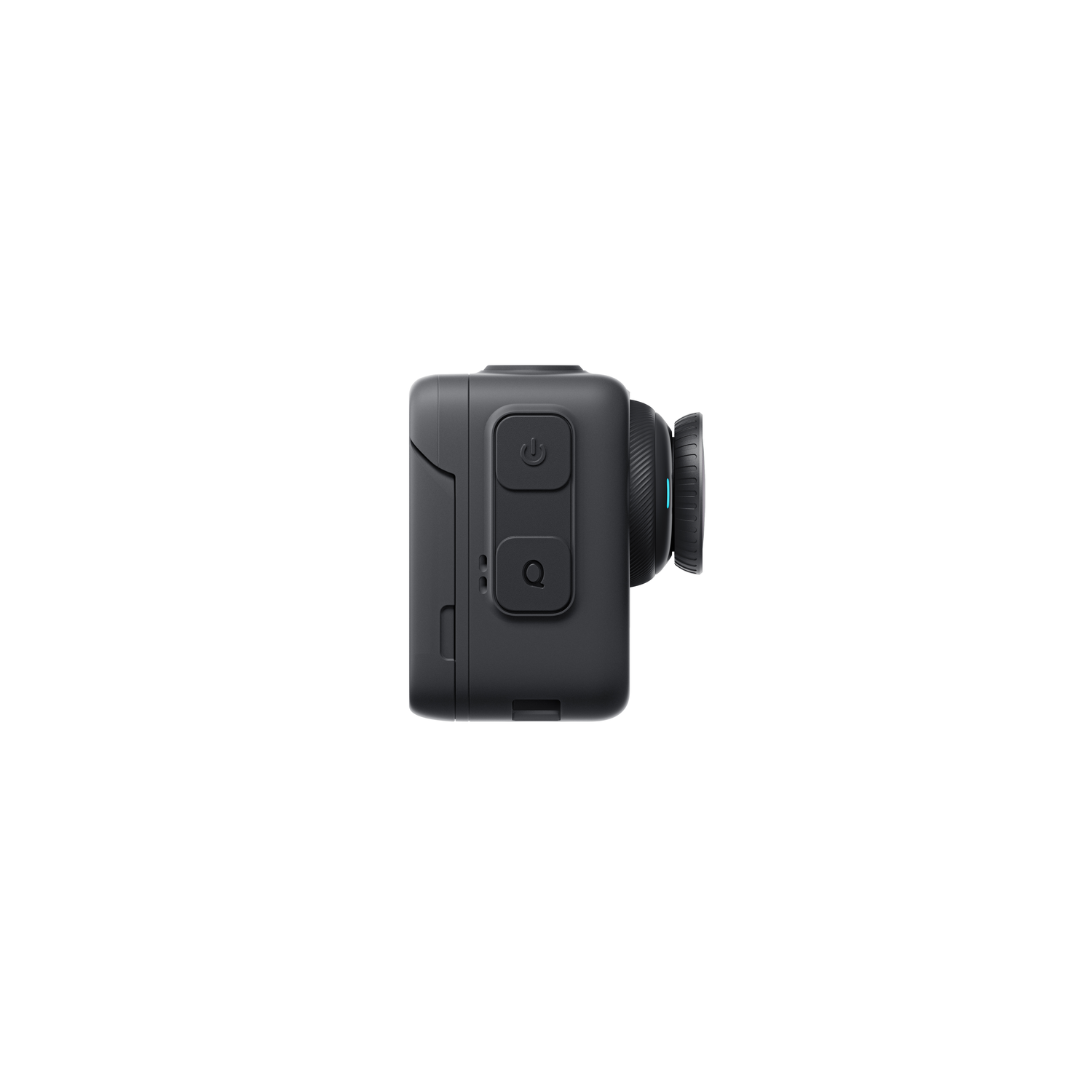 Zwarte action camera. Twee knoppen en de lens zijn zichtbaar. De camera staat op een witte achtergrond.