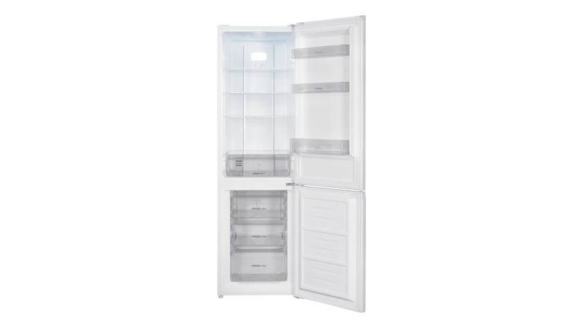 Refrigerador blanco con puerta abierta, mostrando estantes, cajones y luz interior.
