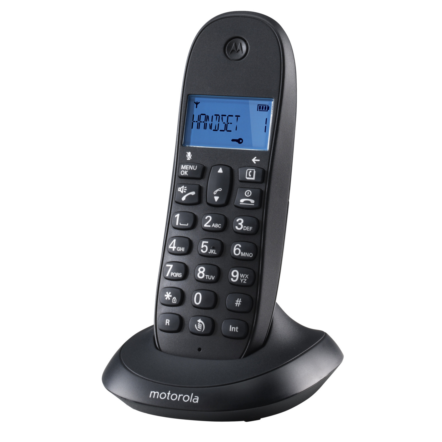 Téléphone sans fil Motorola noir sur sa base. L'écran affiche 'HANDSET'.